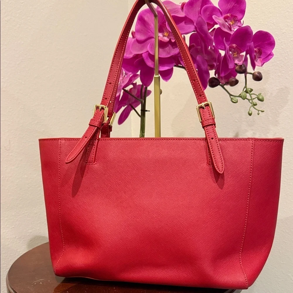 Tory Burch Red Leather Tote Bag laptop work tablet designer purse handbag